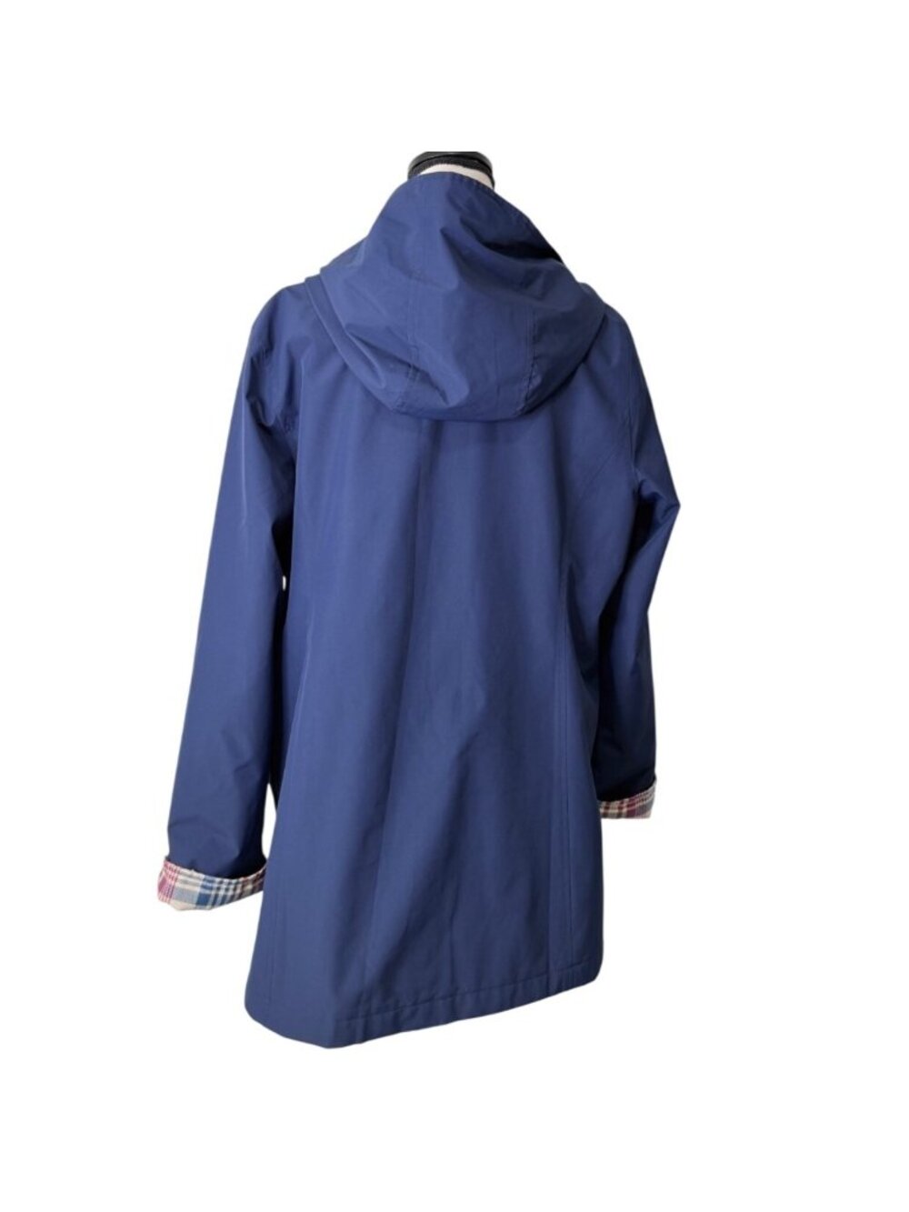 L.L. Bean Womens Size L Macintosh Coat Easy Care Jacket Hooded Navy Plaid-Lined - Picture 3 of 7